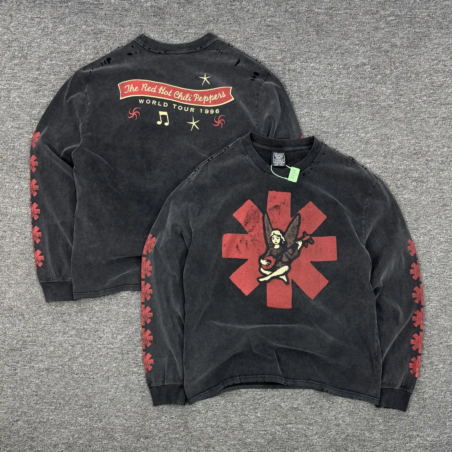 Men Women Vintage Gradient Distressed Long Sleeve Tee Hand Destroyed Multi Print Streetwear Casual Pullover Top