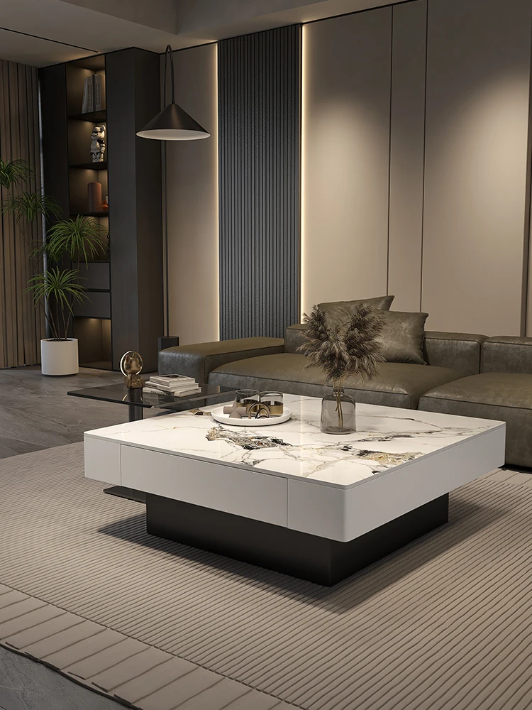 

Living room household square rock slab coffee table modern simple high-end small apartment light luxury coffee table combination