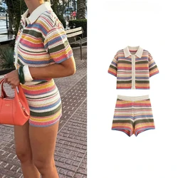 Short Set Woman Two Pieces Casual Elegant Prairie Chic Striped Patchwork Sets Women's Summer Suit Set Short Sleeve Sets