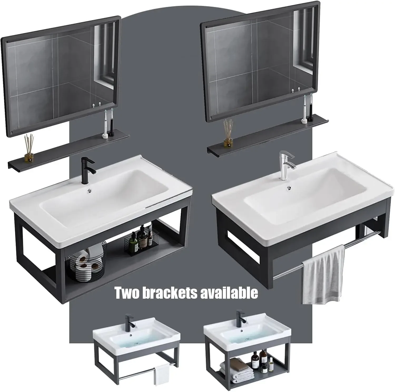 Ceramic Integrated Basin Aluminum Bracket Bathroom Wash Basin Square Mirror Combination Small Apartment Use(Black2,50 * 35cm)