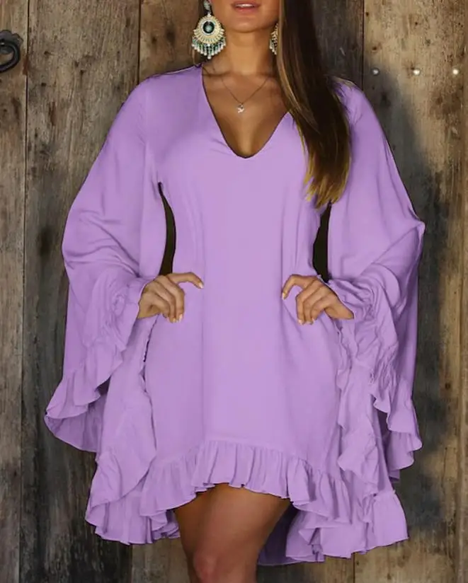 

Women's V-neck long sleeved fashionable and sweet summer 2024 new ruffled bell shaped sleeve casual dress