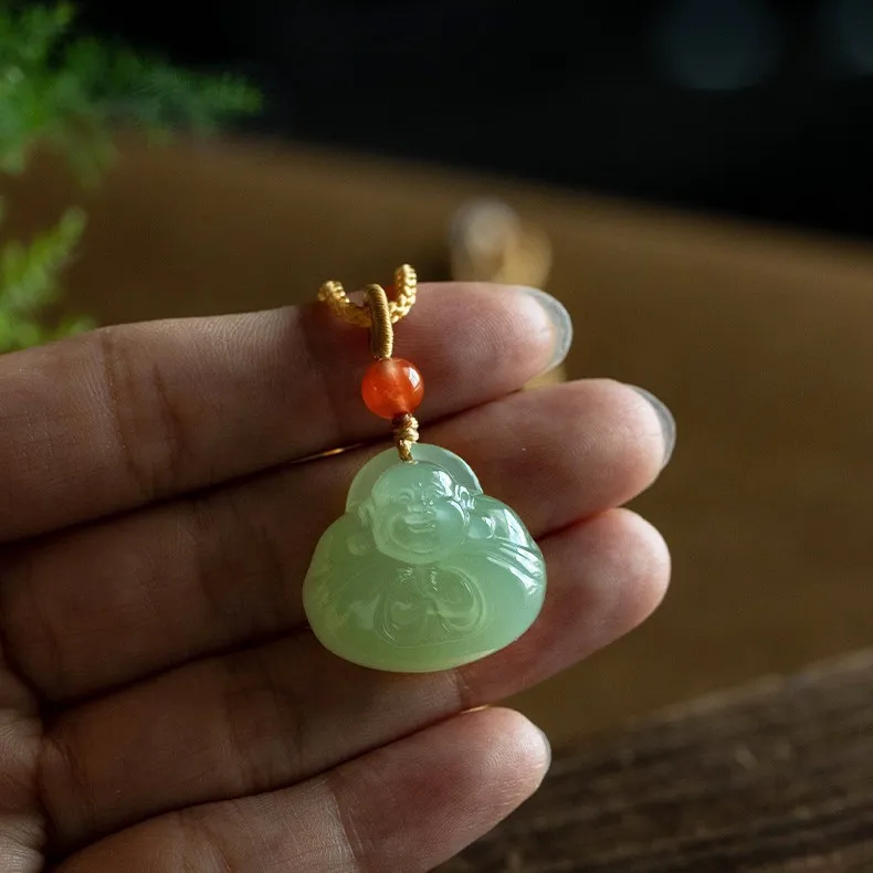 Chinese Style Natural Hetian Jade Light Green Laughing Buddha Pendant Adjustable Drawstring Necklace Lucky Blessing Wealth Bring
