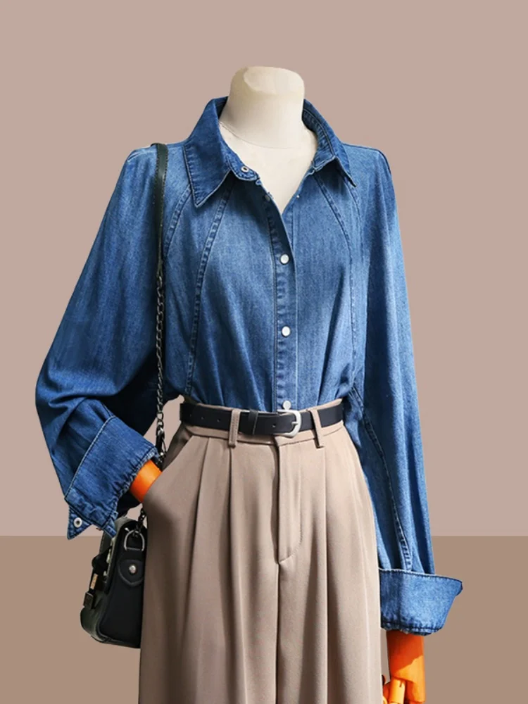 

Retro Long Sve Denim irt Women's Spring Autumn Loose Slimming Faionable Unique Sle Ele Top Commute Korean Version