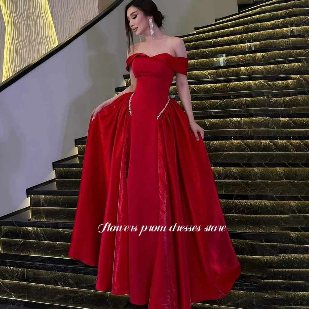 

Flowers Red Prom Dress Off Shoulder Celebrity Dress with Pearls Luxury Evening Dresses Side Train Princess Dresses Customized