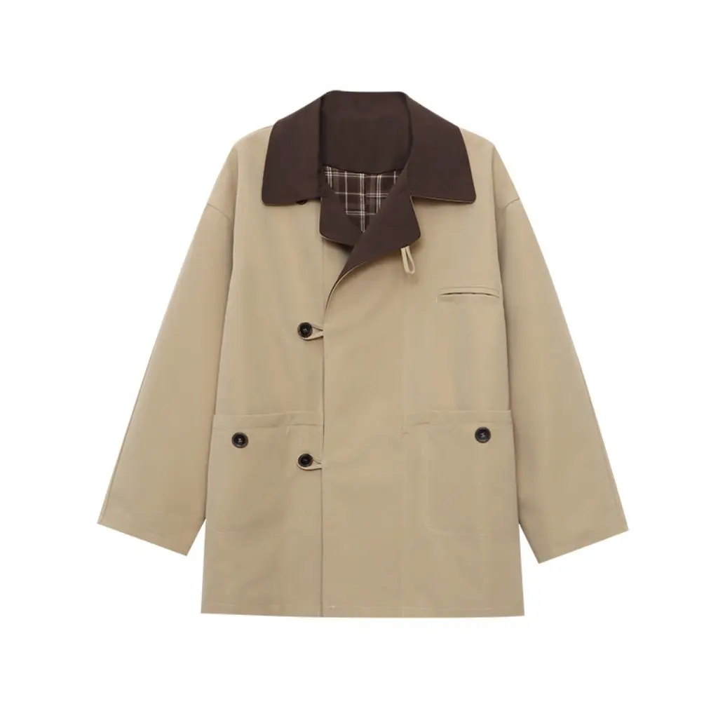 

Early Autumn New Style Korean Contrast Color Collar Patchwork Plaid Coat Jacket Women's Spring Autumn Season Outerwear