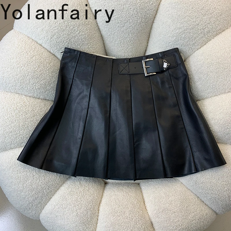 Genuine Sheepskin Skirts for Women 2024 Korean Style Women\'s High Waist A-line Real Leather Skirt Slim Fit Short Pleated Skirt