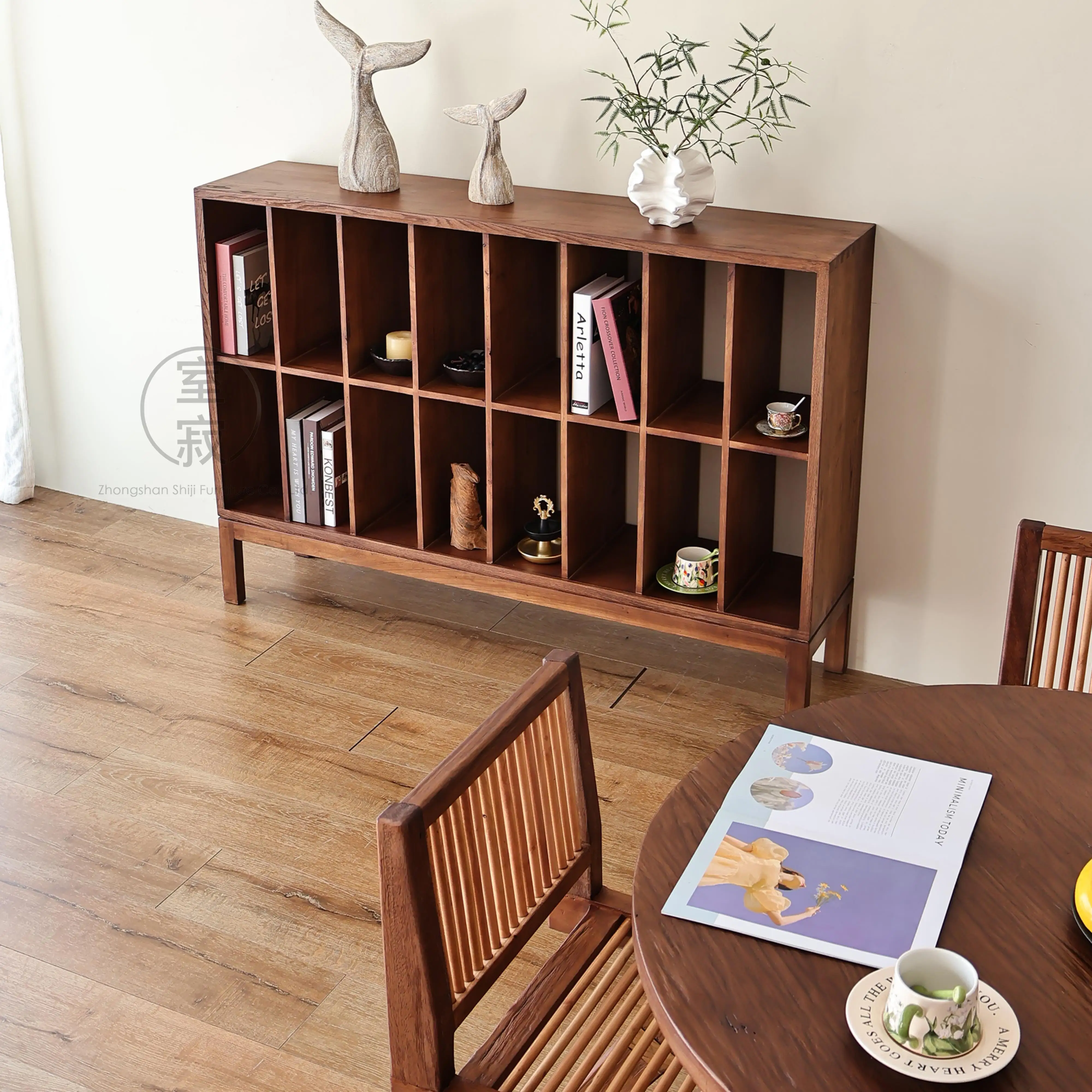 @3 # Modern Minimalist Solid Wood Wabi Sabi Zen Bookcase Storage Cabinet Entryway Cabinet With Grid Design For Home Office