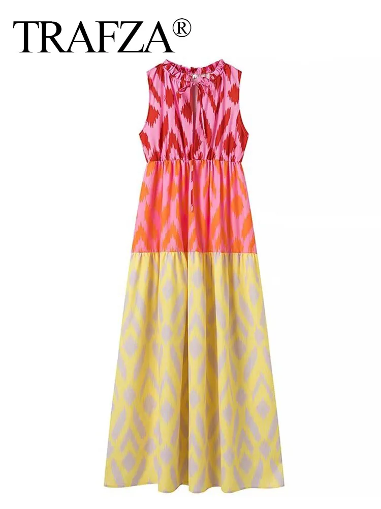 TRAFZA Summer Women's Fashion Sexy Print Dress Sleeveless Loose Long Dresses Chic Bow Lace-up Decoration Female Pleated Dress