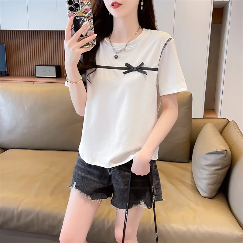 

T Shirts Short Sleeve Cotton Bow Bright Line Decoration Tees Female Slim Tops Summer Preppy Style 2000s Design Girl Clothing Y2K