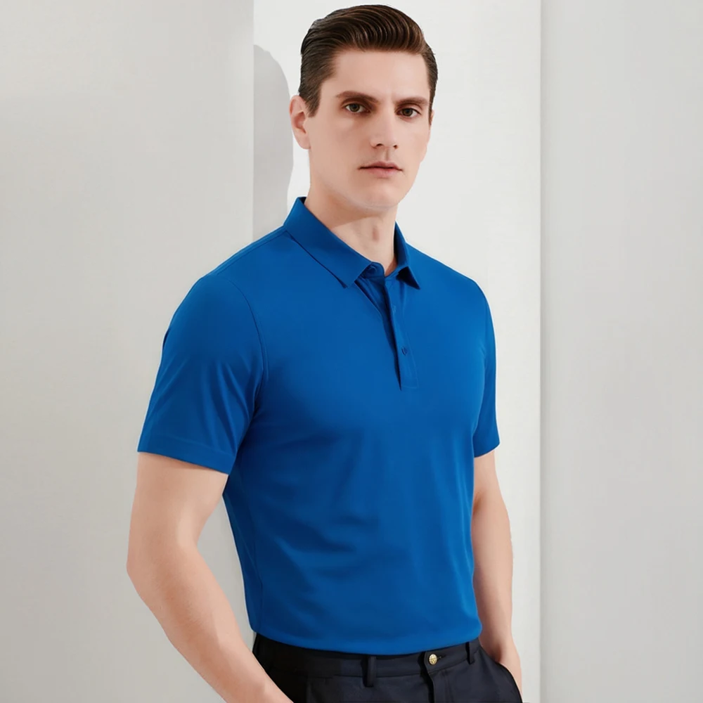Men's Iron-Free Solid Half-Button Collar Golf Polo Shirt, Short Sleeve Stretchy Breathable Summer Outdoor Business Casual Attire