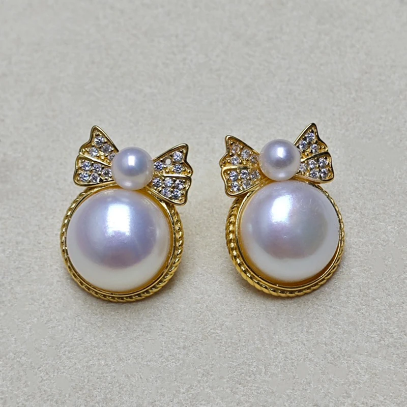 Vintage 925 Sterling Silver Bow Mabe Pearl Stud Earrings Jewelry Gift with 11-12mm Freshwater Mabe and 4-5mm Round Pearl Beads