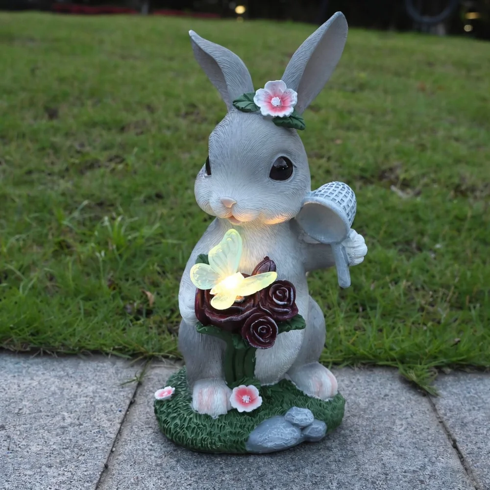 Decorative Rabbit Butterfly Solar Light Resin Sculpture Outdoor Garden Decor Yard Path Ornament Landscape Lighting Figurine
