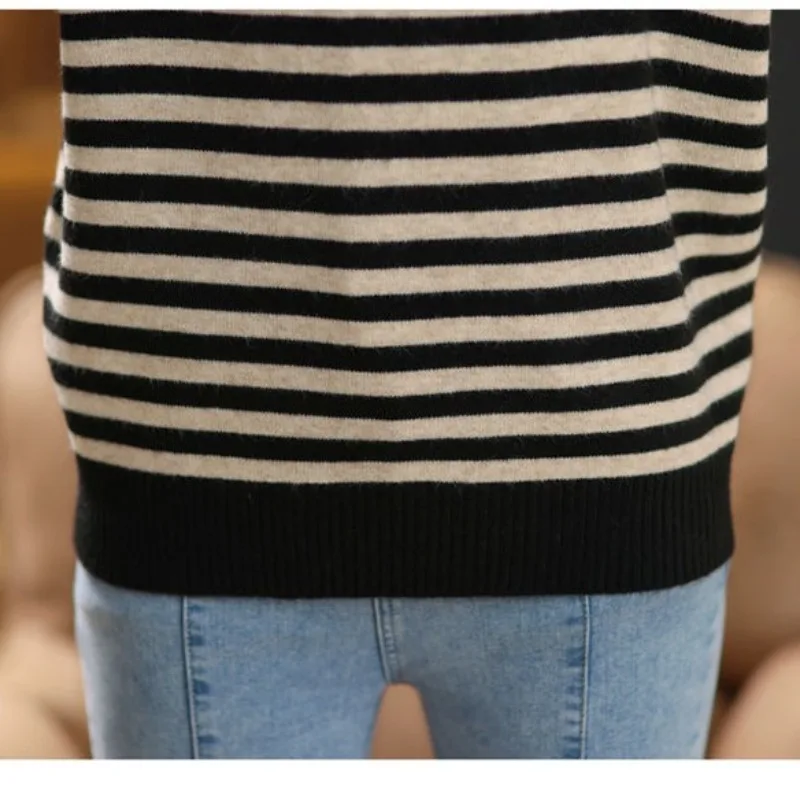 Women's Autumn and Winter New Fashion Elegant Pullover Half High Neck Striped Long Sleeve Casual Loose Two Piece Knit Tops