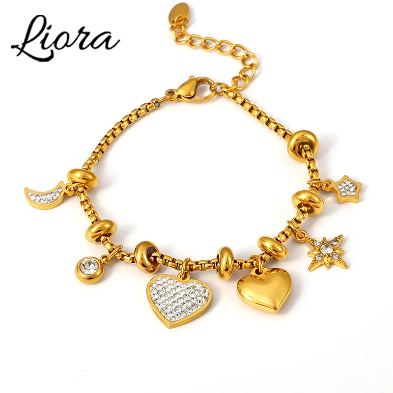 

Liora Heart Moon Star Drop Pendant Women Stainless Steel Bracelets Zircon Wedding Banquet Charm African Bracelet Jewelry