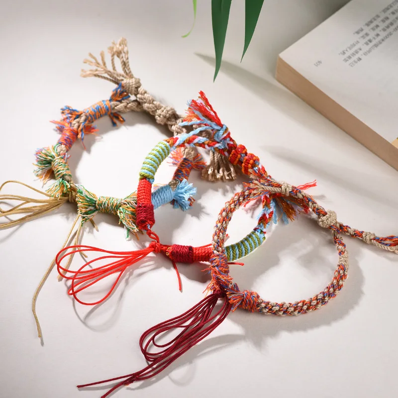 Bracelet tissé à la main en corde de coton de style ethnique, taille réglable, peut hanger, pendentif, bricolage, corde à main, Bracelet d'amitié, bijoux charmants