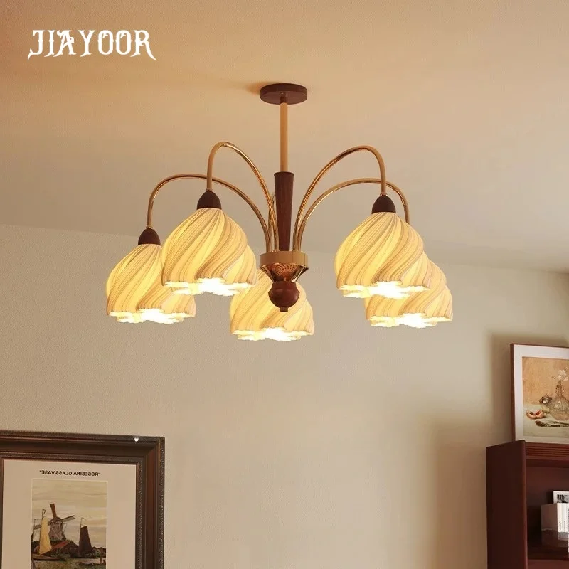 Puff skirt French retro walnut solid wood cream pendant light living room hall main light eye protection high-end antique style