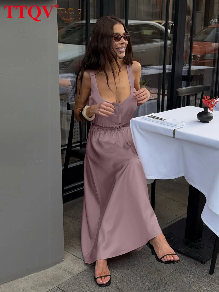 

TTQV Summer Loose Pink Satin Trousers Sets Woman 2 Pieces 2026 Sexy Sleeveless Crop Top With High Waist Maxi Skirt Set Female