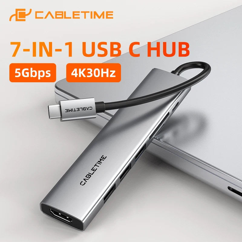 

CABLETIME 7 IN 1 USB-C Hub Ultra Slim Aluminum Multiport HDMI PD100W For Macbook Pro Ipad C HUB C502