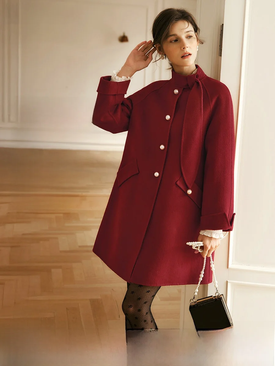 

Ele Red Woolen Coat for Women OLrain Commute Friendly Double Sided Sweater Straight Cut Thiened Winter Outerwear