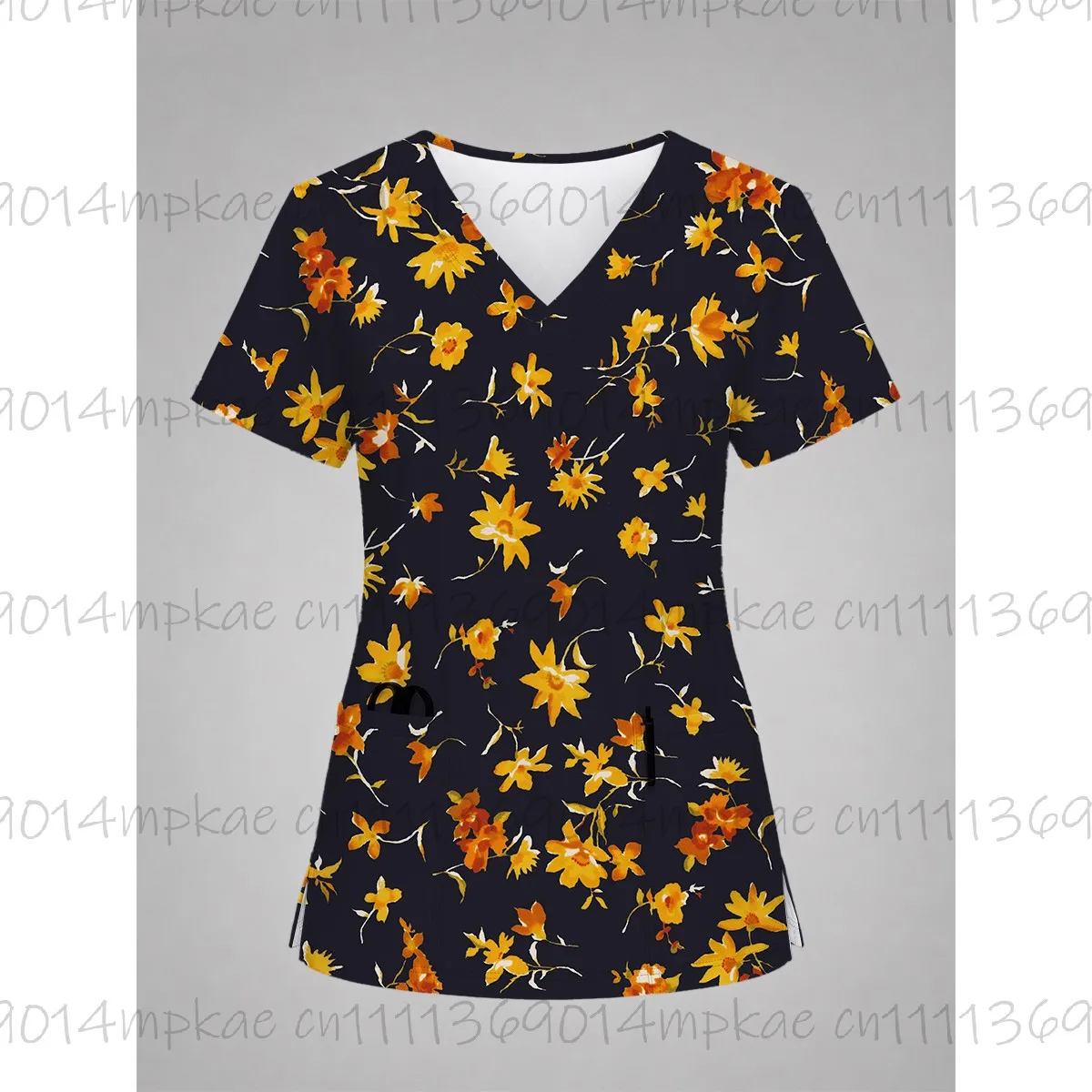 Women's Work Clothing Floral Print Nurse V-Neck Pocket Frosted Top Women's Medical Nursing Gown Accessories Uniform view 3