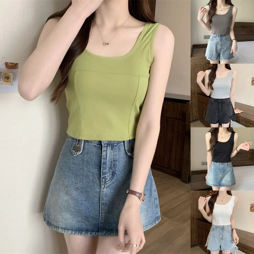 Women Basic Vest Sleeveless Square Neck Slim Crop Top Solid Camisole With Pads Inner/outer Wear Base Shirt Tank Ladies Vest Tops