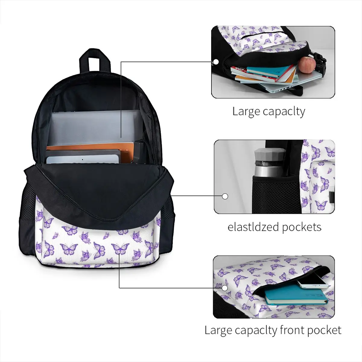 Mochilas com estampa borboleta roxa para crianças, Mochilas escolares para crianças, Mochila dos desenhos animados, Bolsa de ombro para meninos e meninas