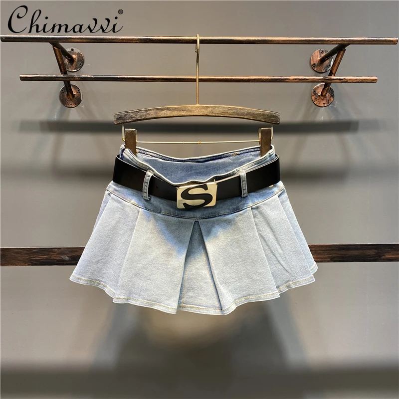 

Miniskirt Pleated Ruffled Denim Skirt Women's Anti-Exposure Lining 2023 Spring and Summer A- Line Light Color Elastic Skirts