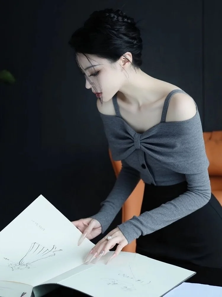 

ay Knot oulder Bared Knitted Sweater Women's Early Autumn Slimming Base irt Top Soft Long Sve Cotton Blend