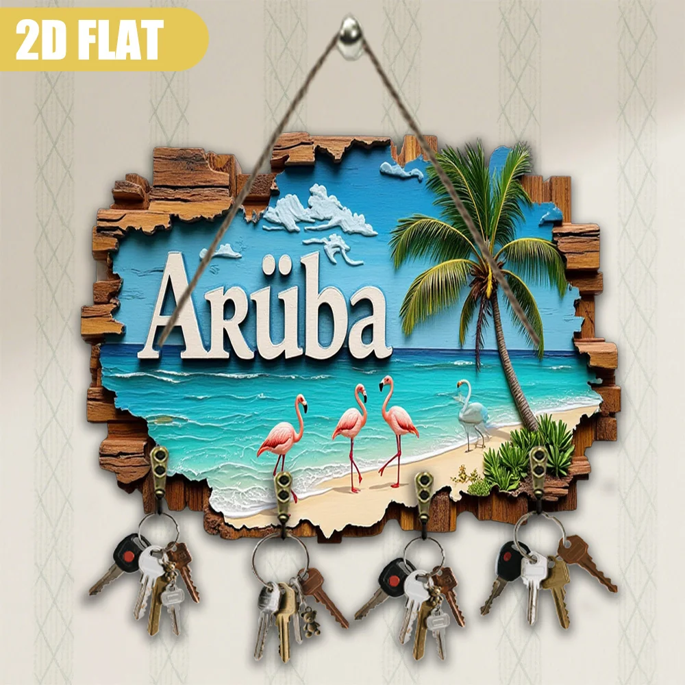 Colgador de llaves tropical Aruba Paradise, grande organizador de llaves montado en la pared de madera de 23x30cm (9x12 pulgadas) con palmeras, flamencos y