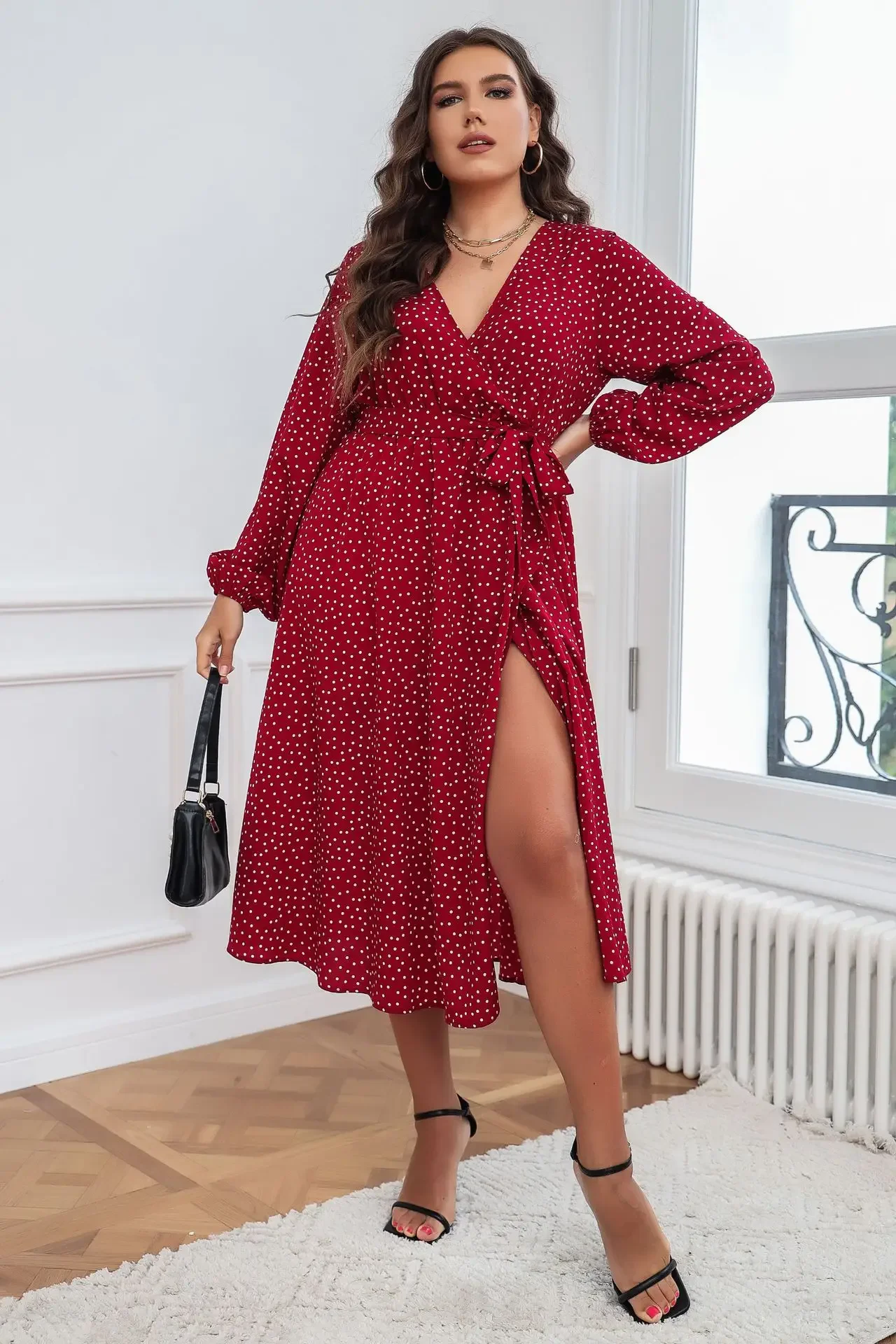 Plus Size Wrap V Neck Dresses Dotted Print Lace-Up Long Sleeves Boho Spring Fall Long Robe A Line Swing Maxi Gown Clothing