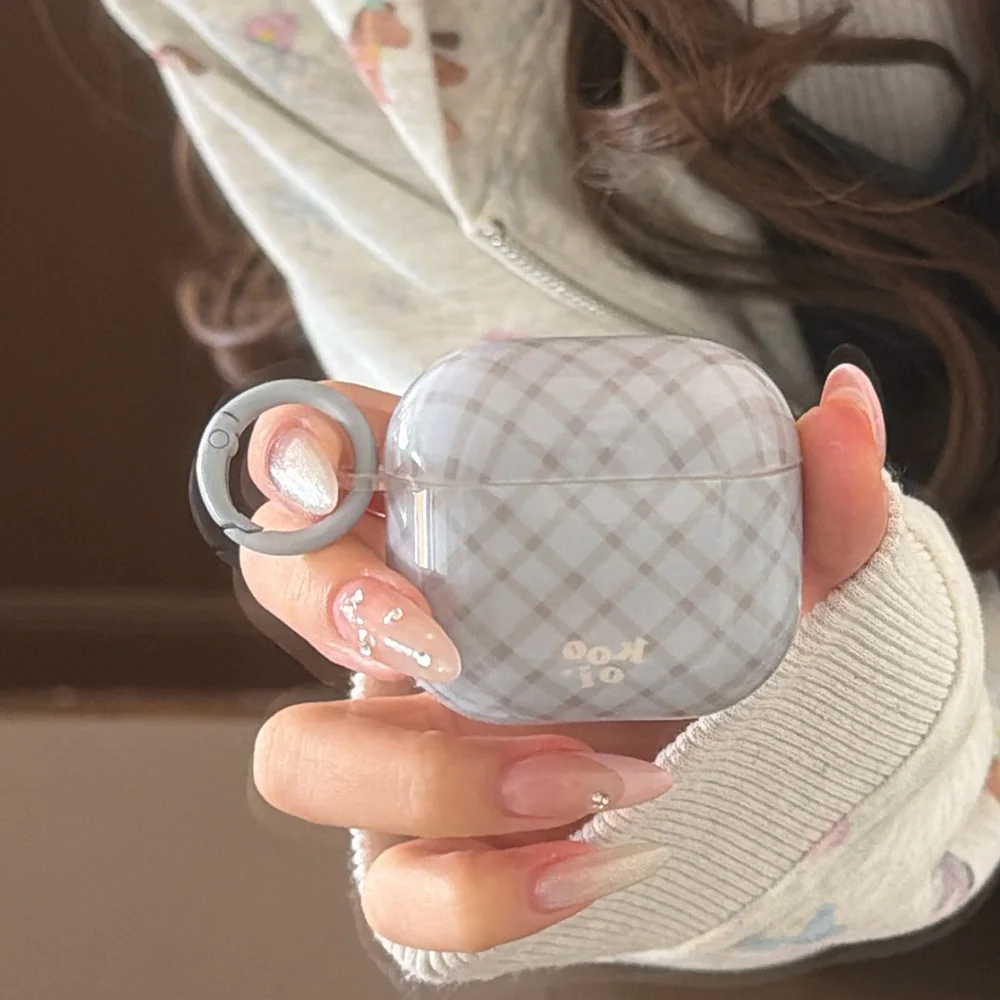 Korean Style Fashion Blue Grey Grid Gloss Soft Earphone Case for AirPods 1 2 3 4 Pro 2 3 Shockproof Dustproof Protective Cover