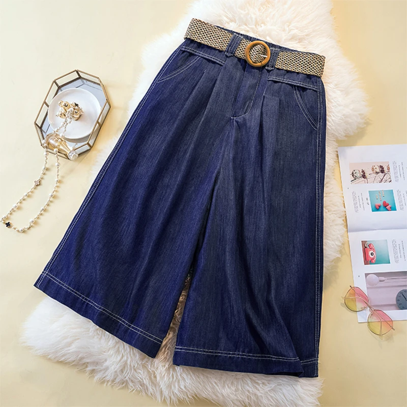 Summer High Waist Solid Color Loose Casual Versatile Mid-Length Jeans Women's Fashion Commute Thin Denim Wide Leg Half Pants