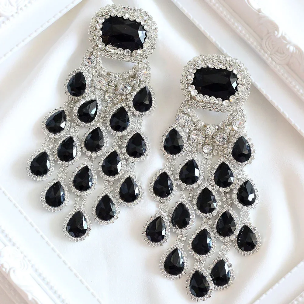 Elegant Bridal Black Crystal Tassel Earrings Large Pendant for Women Bling Water Drop Exaggerated Dangle Earrings Party Jewelry