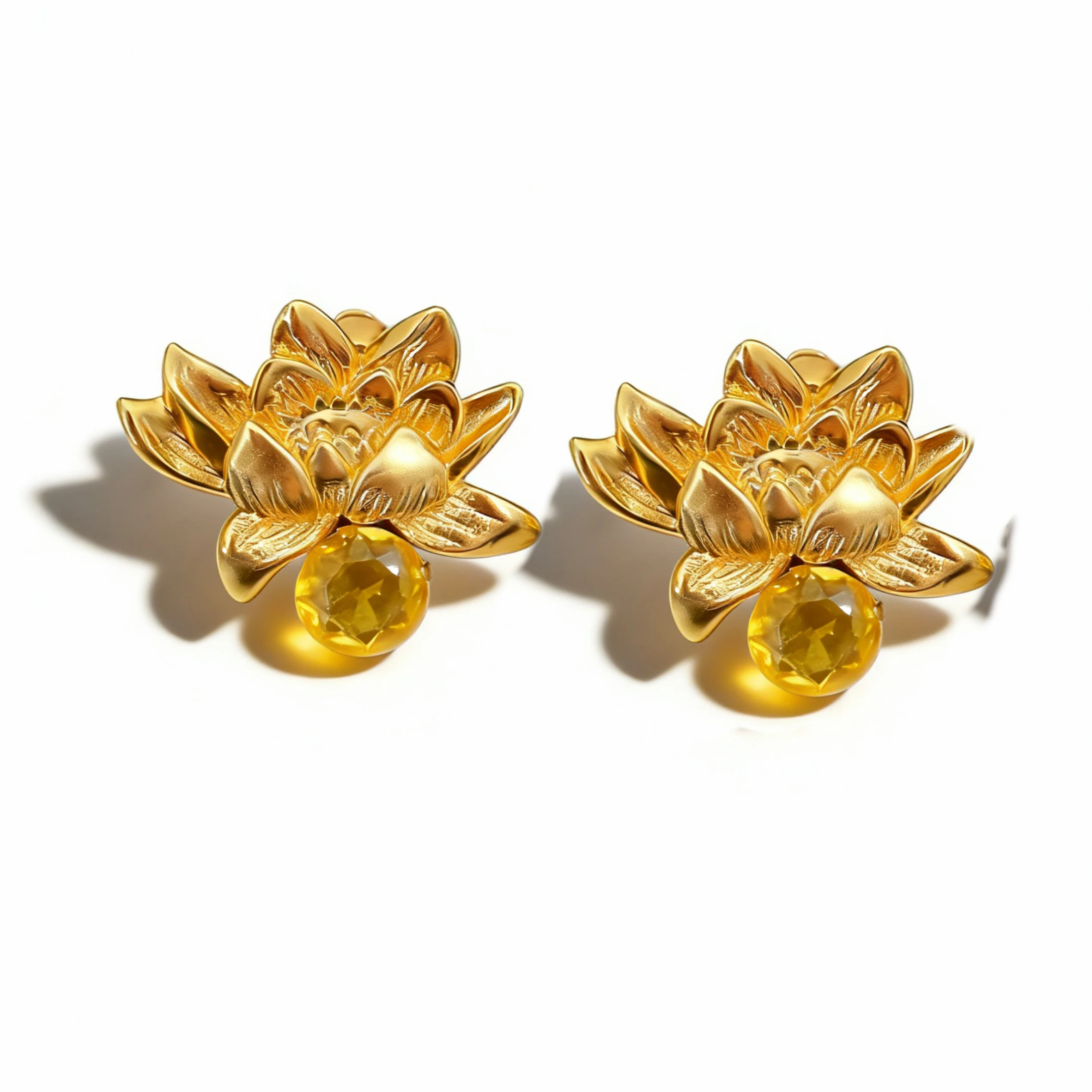 

Europe America Vintage Lotus Gemstone Gold Plated Brass Earrings Ear Clip Women Top Quality Jewelry