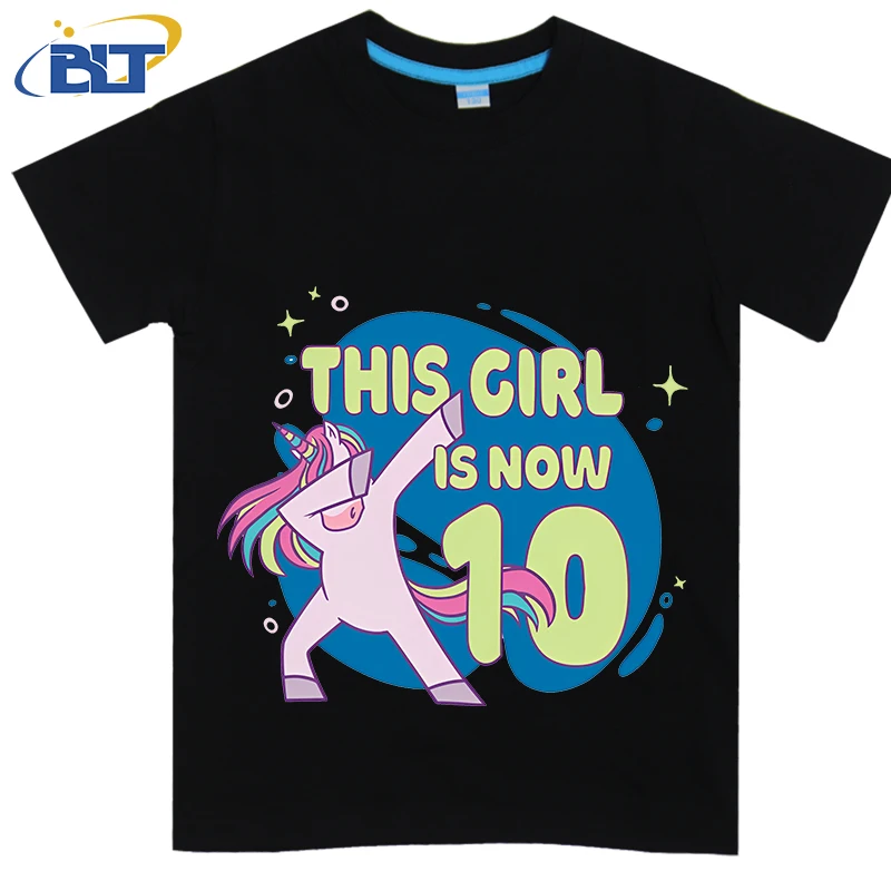 T-shirt à manches courtes imprimé licorne rose pour enfants, 10e anniversaire, mignon, coton, haut décontracté, adapté aux garçons et aux filles, été