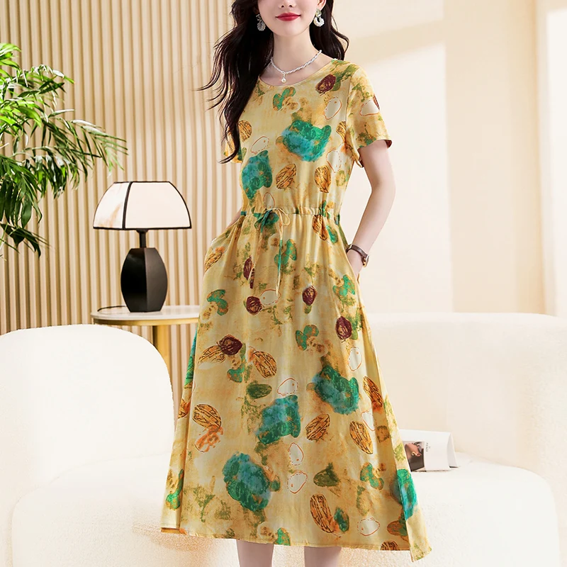 New Fashion 2024 Summer Dress Short Sleeve Print O-neck Vintage Plus Size Lady Vintage Floral Women Dress