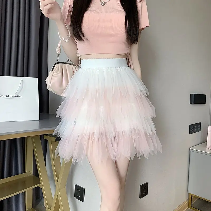 Skirt Irregular Gauze High Waist Slimming Color Matching Skirt Women 2024 Summer New Cake Super Fairy Mesh Skirt