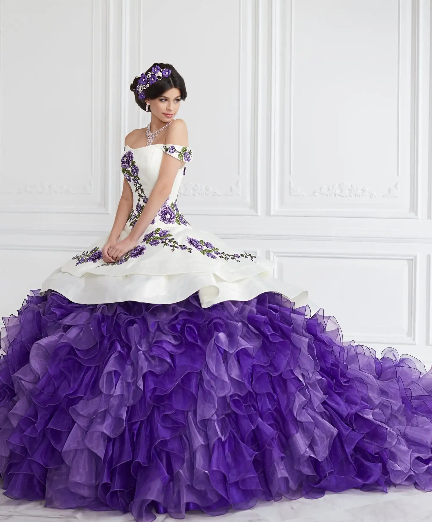 Purple Charro Quinceanera Dresses Ball Gown Off The Shoulder Ruffles Appliques Puffy Mexican Sweet 16 Dresses 15 Anos