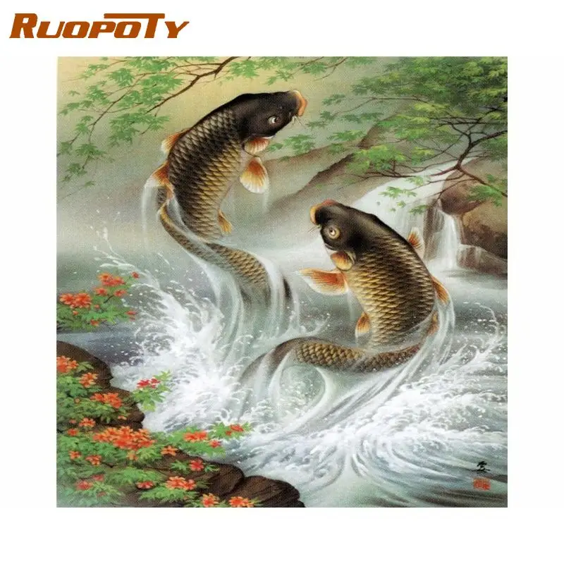 

RUOPOTY DIY Diamond Painting Carp Animal Diamond Painting Full Square Mosaic Cross Stitch Kit Embroidery Home Decor