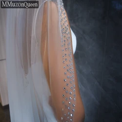 MMQ M38 Wedding Veil With Silver Rhinestones 100cm Bridal Veil 1 Tier Fingertip Length Solf Tull Veil With Comb