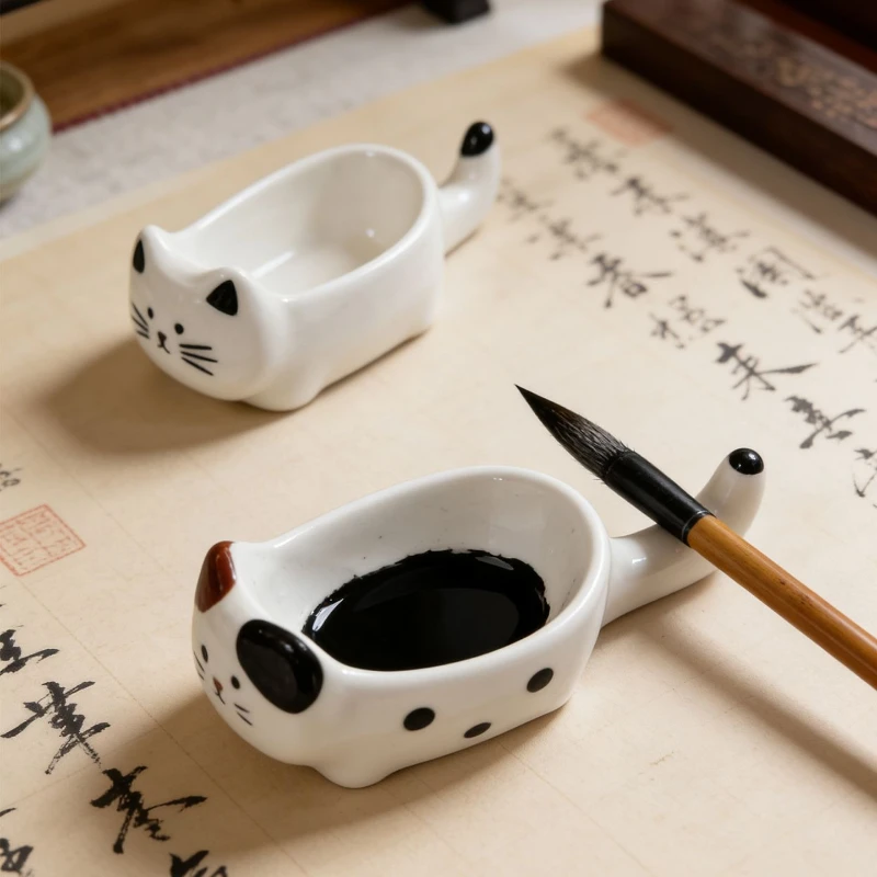 Cat Shaped Ceramic Brush Rest Cute Calligraphy Pen Holder for Desk Decor Use Home Office Study Art Writing Tool Ink Pot