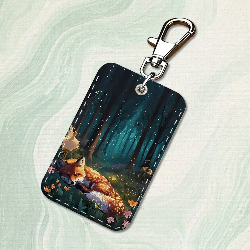 Legal animal raposa retângulo caso de cartão chaveiro saco de cartão de acesso chaveiro titular do cartão de couro chaveiro acesso