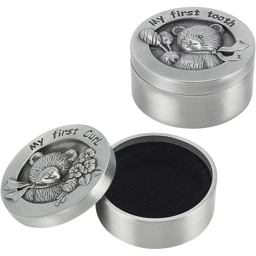 2 PCS My First Curl Tooth Bear Keepsake Box - 1.3inch Inner Size Silver Baby Teeth Collection for Childhood Memory Alloy Tooth