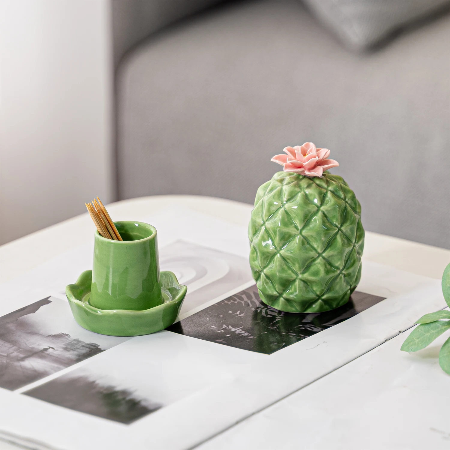 Creative Ceramics Cactus Toothpick Holder Home Dining Table Desktop Decor Ornaments Living Room Cotton Swab Box view 5