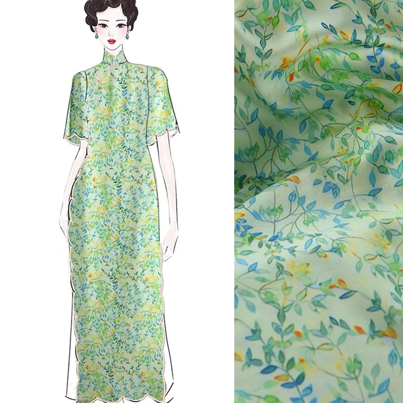 

100% вискоза с принтом свежих зеленых листьев, дышащая гладкая ткань для платья Cheongsam, материал «сделай сам», ширина 145 см, 200 г/м, R482