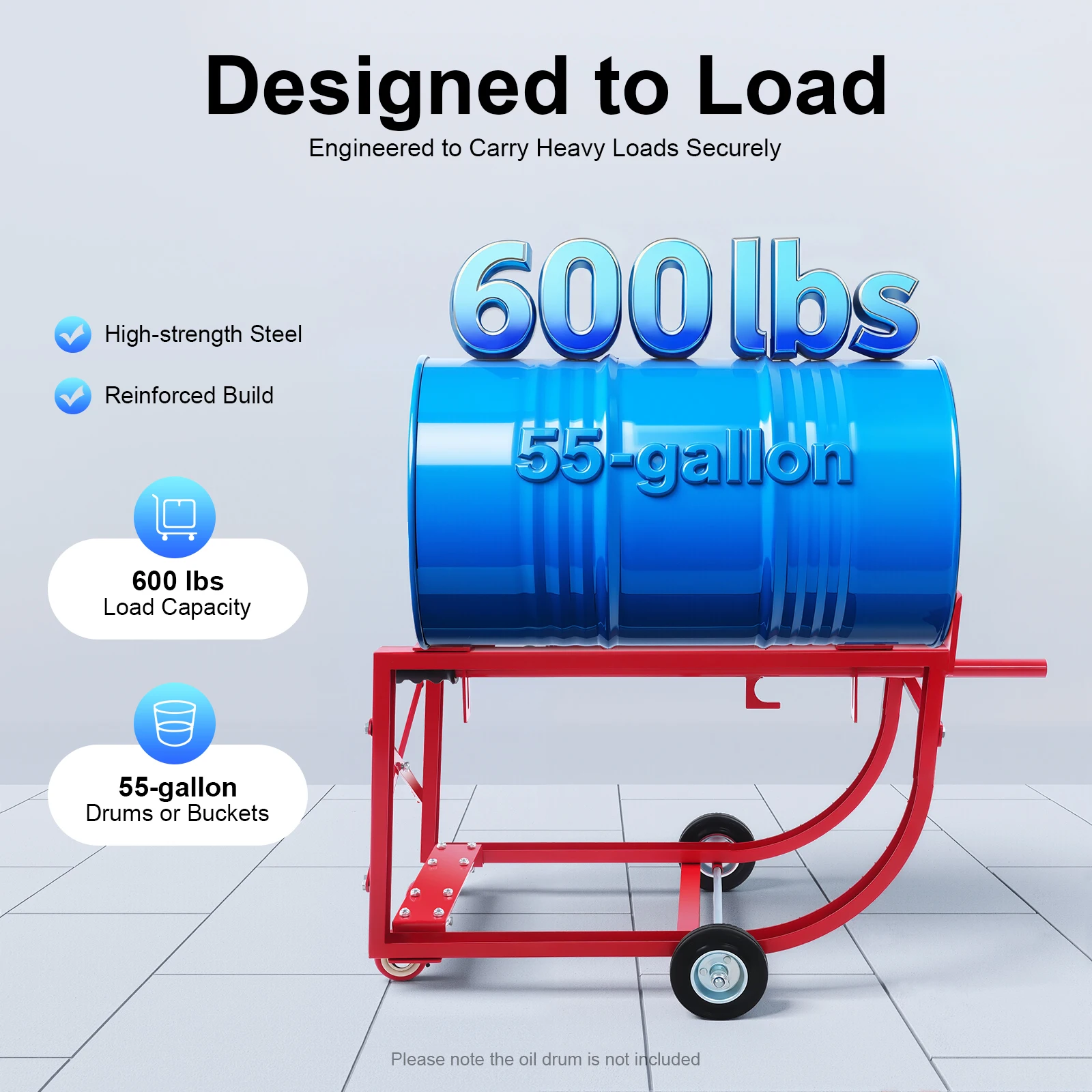 

Подставка для барабана, 55 галлонов, емкость 600 фунтов, стойка для масляного барабана с выдвижным штангой и колесами, стальная подставка для обработки барабанов для круглых барабанов