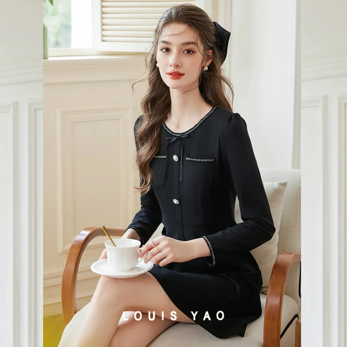 

LOUIS YAO Black Women's Dress 2025 Spring Autumn Contrasting Color Retro Woven Ribbon Non-Stretch Slim-Fit Long Sleeve Dress