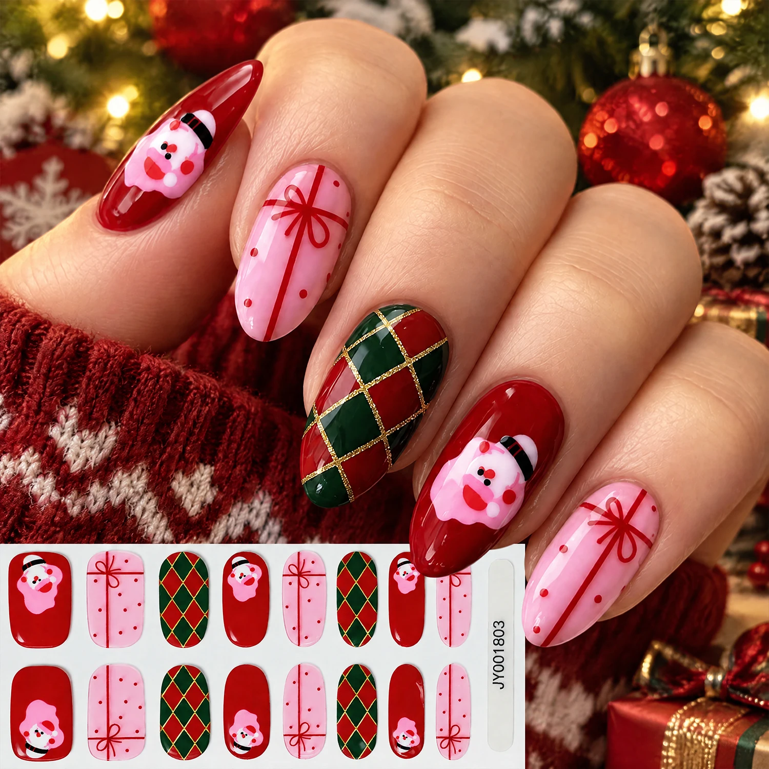 16Tips Christmas Full Cover Gel Nail Wraps Santa Snowman Xmas Tree Snowflake Nail Strips Winter Holiday DIY Manicure Decals