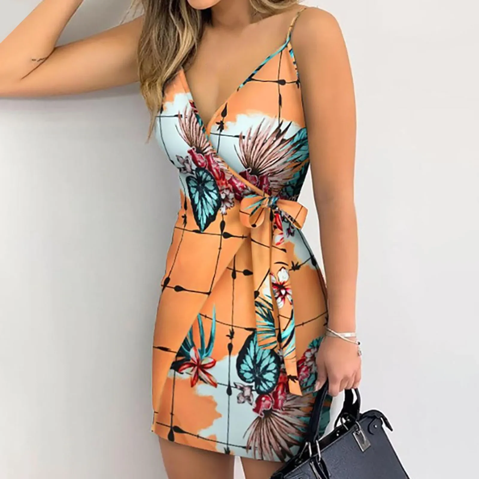 

Tropical Print V-Neck Wrap Casual Dress Women Sleeveless Summer Holiday Mini Dress