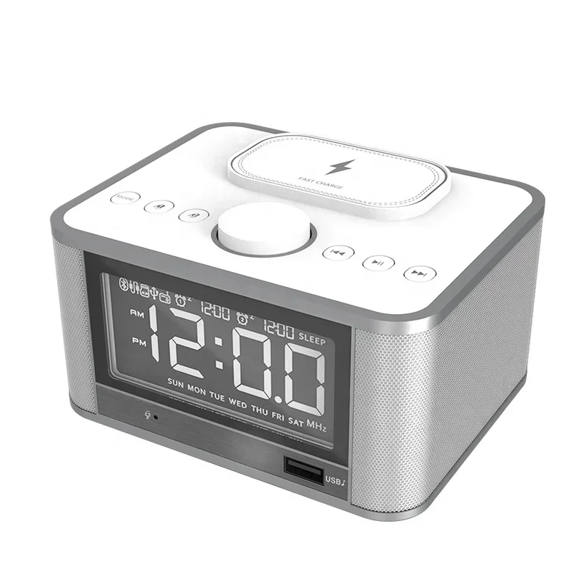 

2024 new arrival FM Radio digital Alarm Clock with wireless Charger modern style BT music speaker desktop table clock